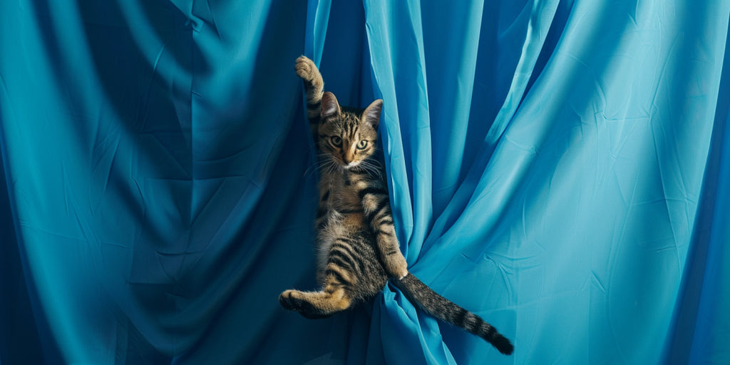 Un chat qui s'accroche dans des rideaux bleu
