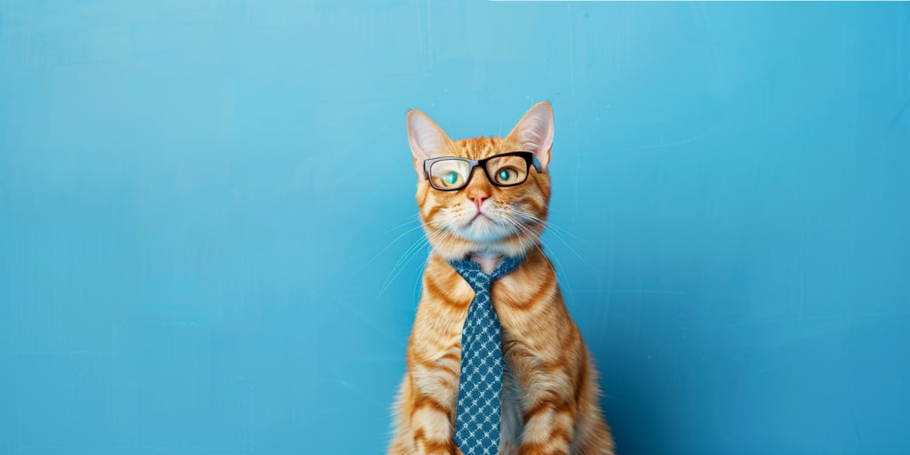 Un chat qui porte une cravate bleue et des lunettes