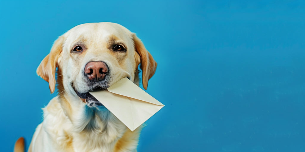 Un chien qui tient une enveloppe dans sa bouche