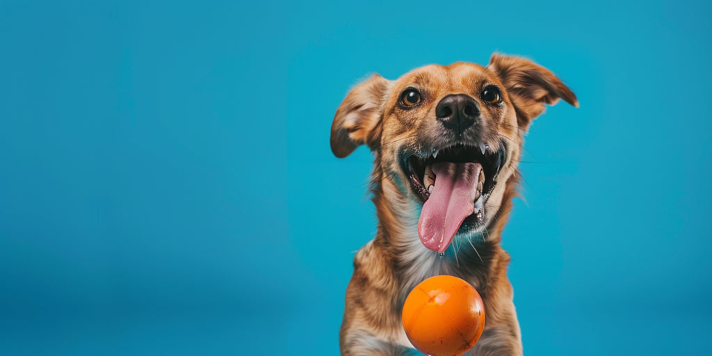 Un chien qui tire la langue avec une balle orange